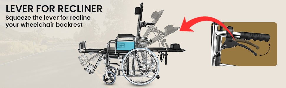 Wheelchair with recliner lever mechanism on a beige background