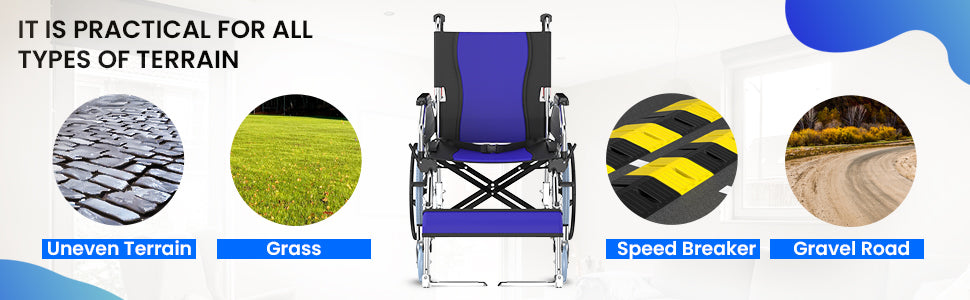 Foldable wheelchair with text indicating its practicality for various terrains on a blue and white background.