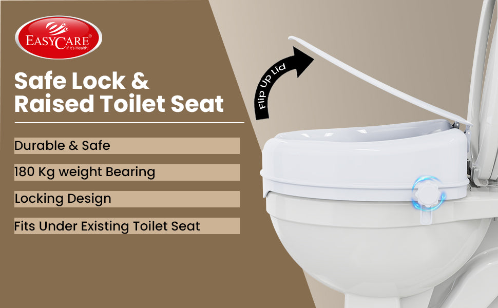 EasilyCare safe lock commode riser with seat cover features listed on a brown background