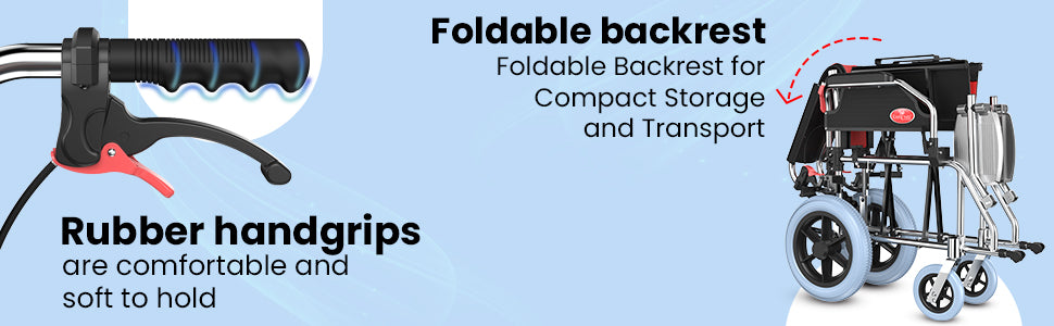 Wheelchair with foldable backrest and rubber handgrips on a blue background