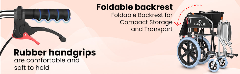 Wheelchair with foldable backrest and rubber handgrips on a pink background