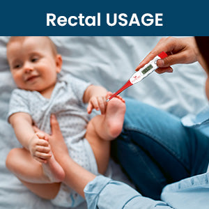 Baby being measured with a rectal thermometer, with text 'Rectal USAGE' at the top.