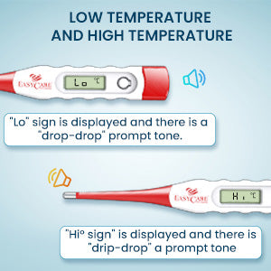 Fever thermometer with temperature display and text explaining low and high temperature indicators.