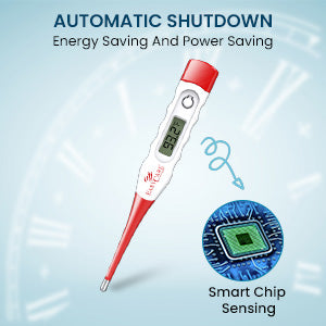 Digital thermometer with red and white design on a light blue background, featuring text about energy saving and power saving.