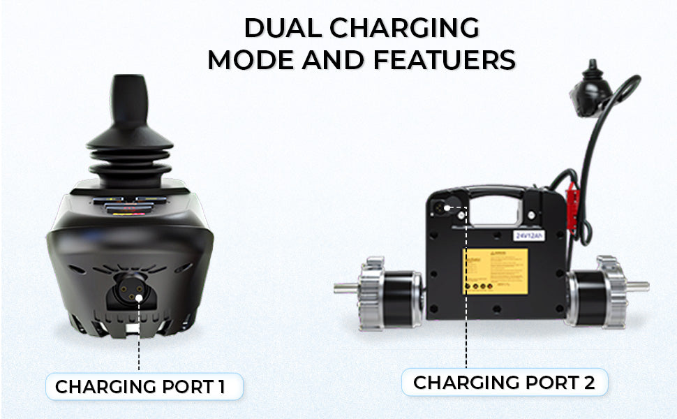electric wheelchair charging ports with labels on a white background