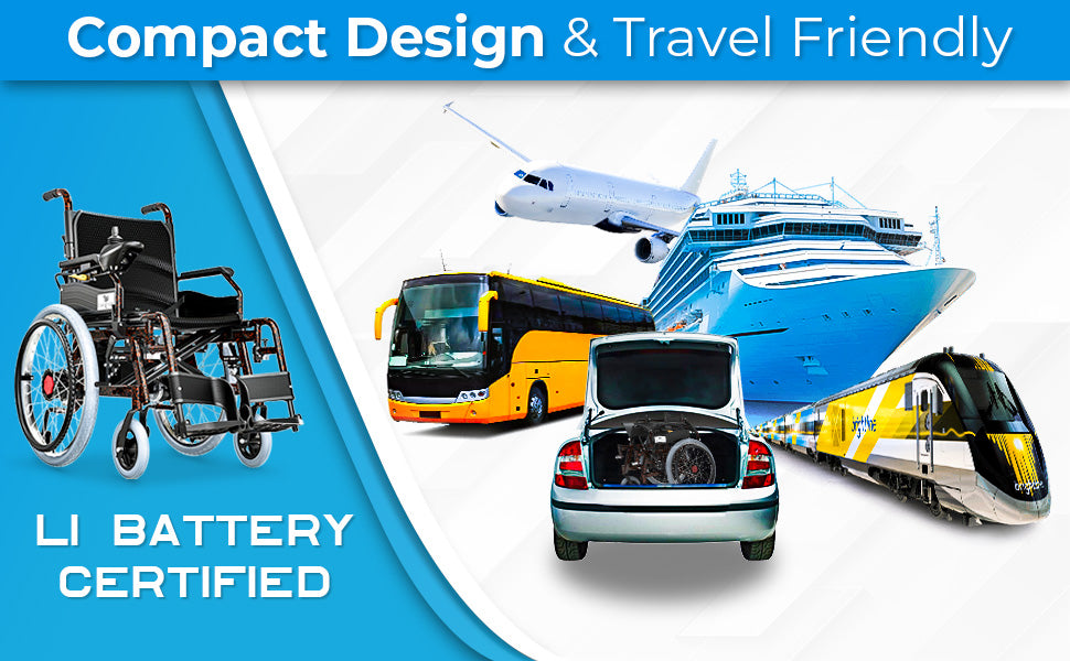 Promotional graphic with a wheelchair, bus, car, airplane, and cruise ship, highlighting compact design and travel friendliness.