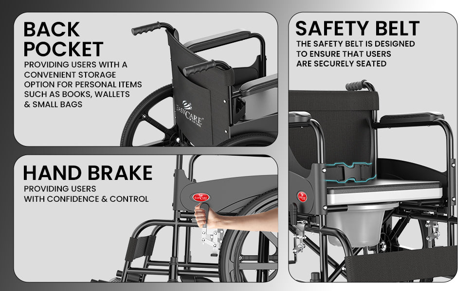 commode wheelchair features including back pocket, safety belt, and hand brake on a gray background.