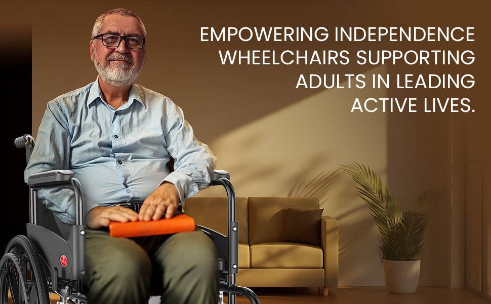 Man in a wheelchair sitting in a living room with text about empowering independence through wheelchairs.