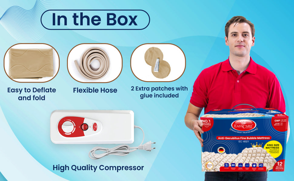 Man holding a box of air bubble mattress with features listed on a blue background