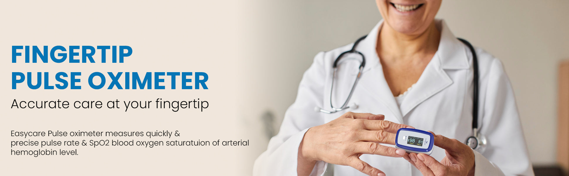 Fingertip pulse oximeter being held by a person in a white coat with a stethoscope.