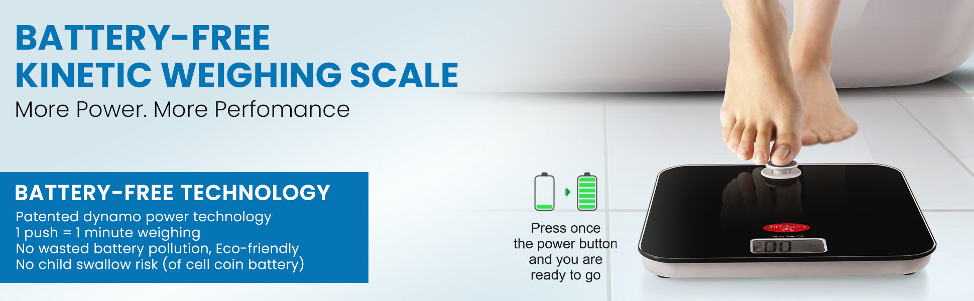 Battery-free kinetic weighing scale with a person stepping on it, featuring text about its features.