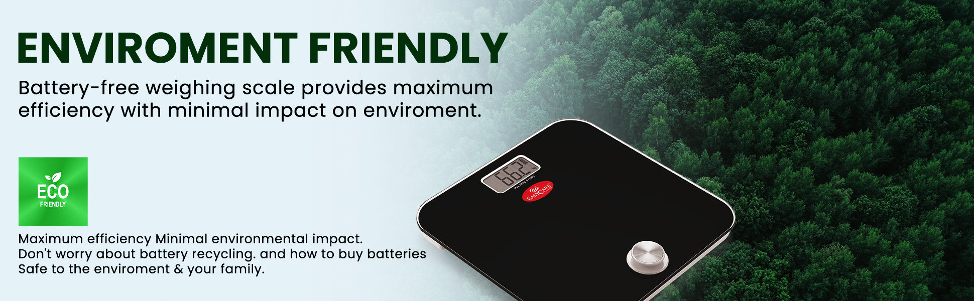 Battery-free weighing scale with a green background and text highlighting environmental friendliness.