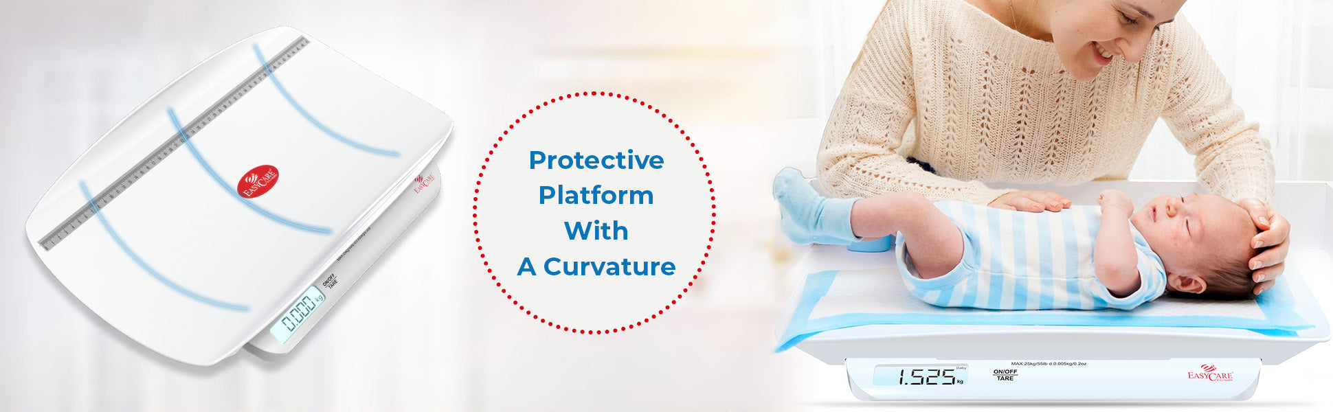 baby weighing scale with a protective platform and a woman adjusting a baby on it.