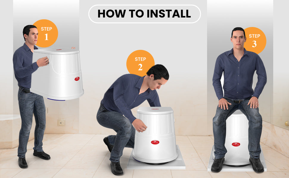 Step-by-step installation guide for a commode with a man demonstrating each step.