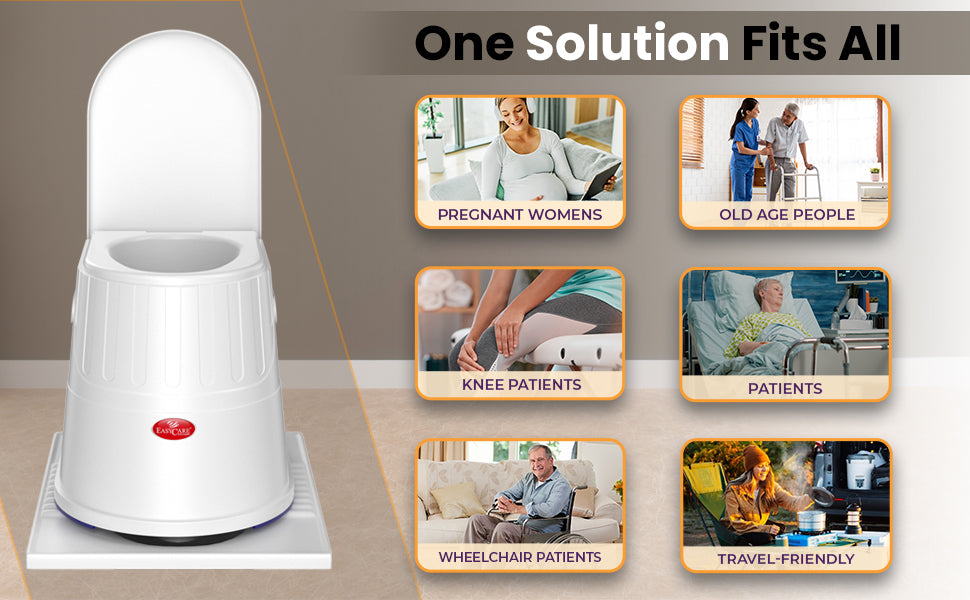 White commode with images of its use cases for various individuals on a gray background