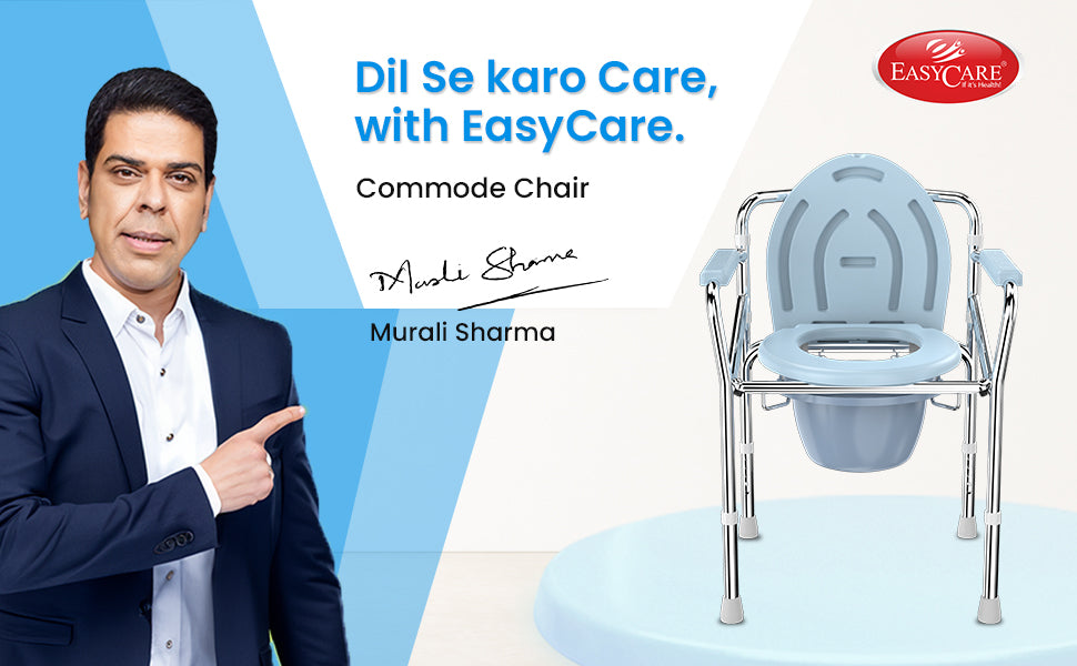Advertisement for EasyCare commode chair with a man pointing to it against a blue and white background.