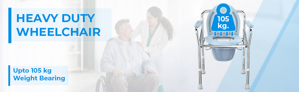 Heavy duty commode chair with weight bearing capacity displayed on a light blue background