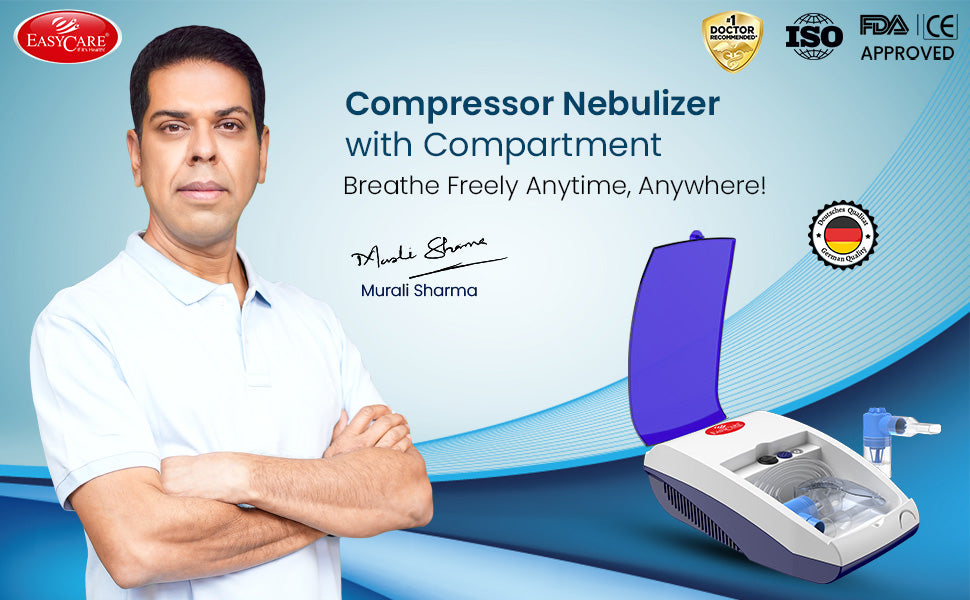 Advertisement for a compressor nebulizer with a man standing next to it, featuring certification logos on a blue background.