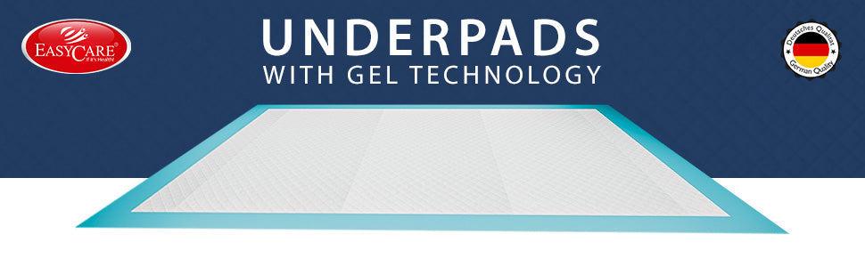 Underpad with gel technology on a blue background, featuring the EasyCare brand logo.