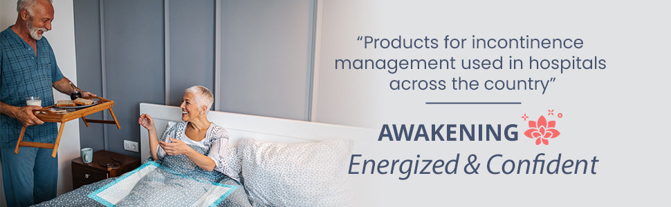 Person assisting an elderly person in bed with a Underpad, featuring the Awakening brand.