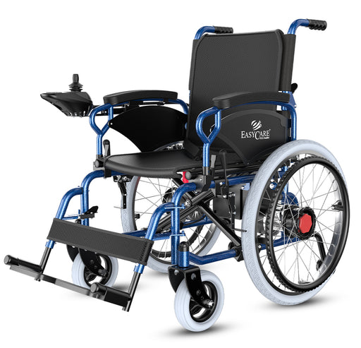 Blue and black wheelchair with armrests and footrest on a white background