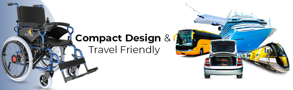 Wheelchair with text 'Compact Design & Travel Friendly' alongside transportation images.