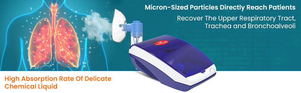 Nebulizer device with a graphic of lungs and text about micron-sized particles and chemical liquid absorption.