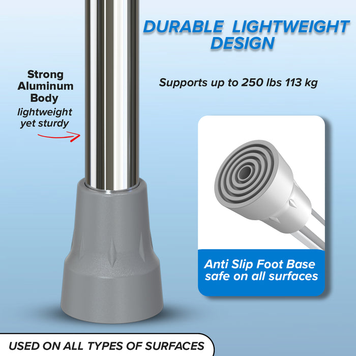 A close-up image of a strong aluminum walking stick with an anti-slip foot base, showcasing its lightweight and durable design. The pole is intended to support up to 250 lbs (113 kg) and is suitable for use on all types of surfaces.background