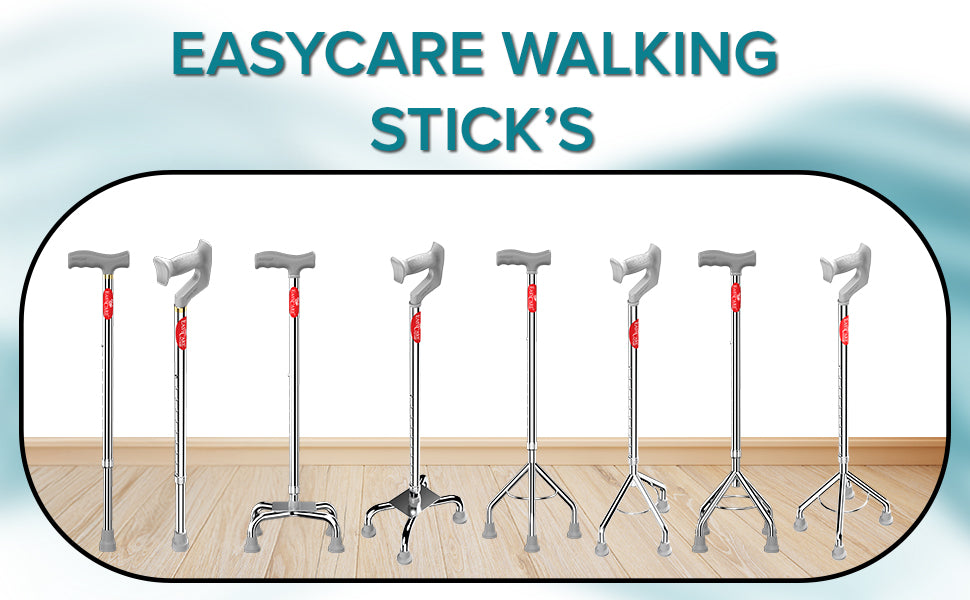 Set of Easycare walking sticks displayed on a wooden floor with a blue gradient background.
