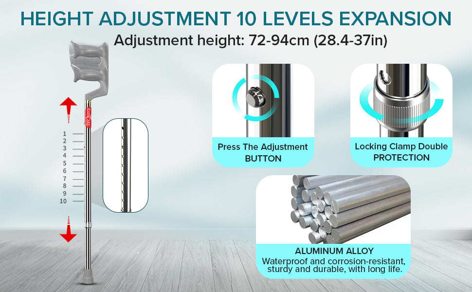 Height adjustment system with 10 levels of expansion, showing measurement scale and features of walking stick.