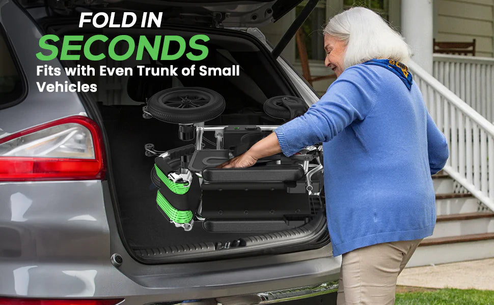 Person putting an electric wheelchair in car with text 'Fold in Seconds' and 'Fits with Even Trunk of Small Vehicles'.