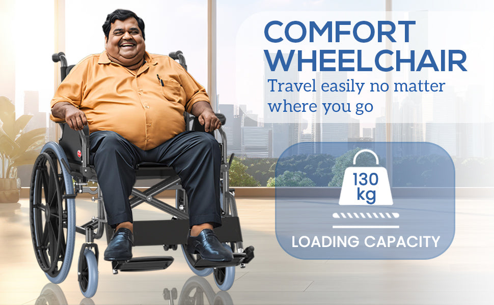 Man using a wheelchair with a 'Comfort Wheelchair' advertisement in the background