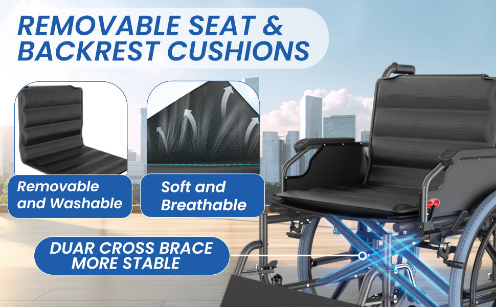 Wheelchair with removable seat and backrest cushions, featuring text highlighting features.
