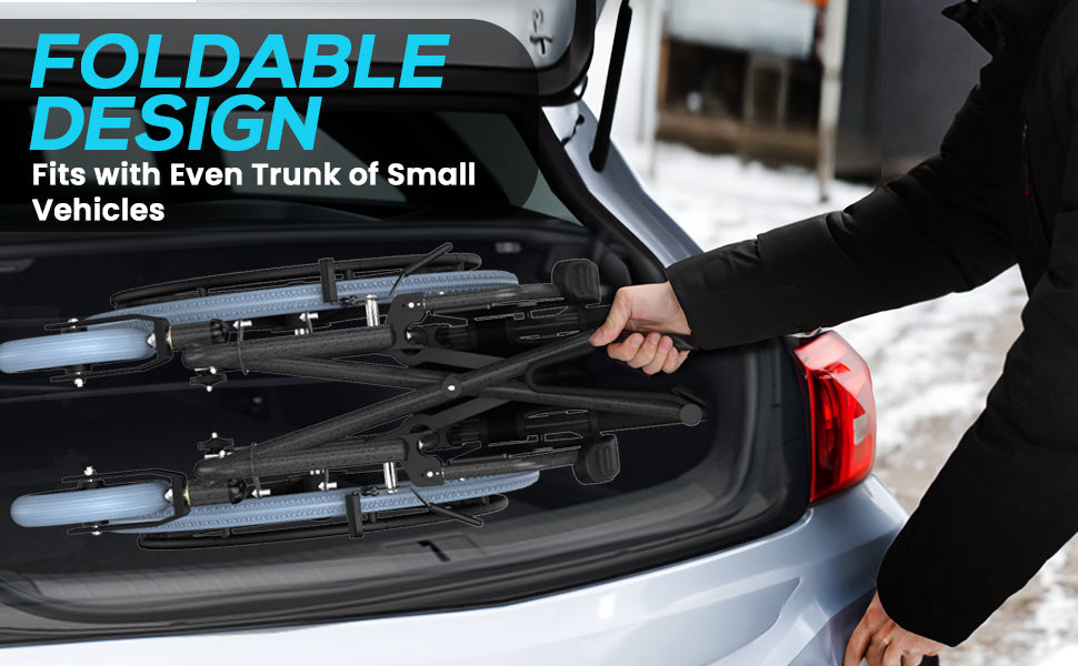 Foldable wheelchair being loaded into a car trunk with text highlighting its foldable design.