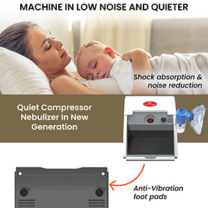 Woman sleeping with a baby, featuring a quiet compressor nebulizer with text on noise reduction and shock absorption.