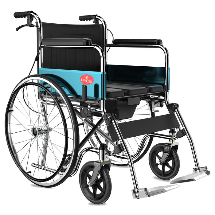 EasyCare EC608CL 24" Premium Imported Folding Wheelchair with Commode - Self-Propelled Chrome Plated Frame, Flip-up Leg Rest, Hand & Attendant Brakes, PVC U-Cut Seat, Removable Toilet Pot, and Safety Seat Belt for Elderly and Patient Mobility Assistance