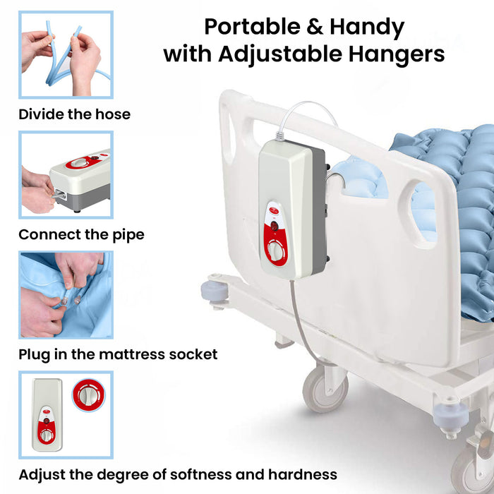 A step-by-step infographic showing how to set up a portable medical air mattress, with instructions for connecting the pipe, using adjustable hangers, and adjusting the pressure dial