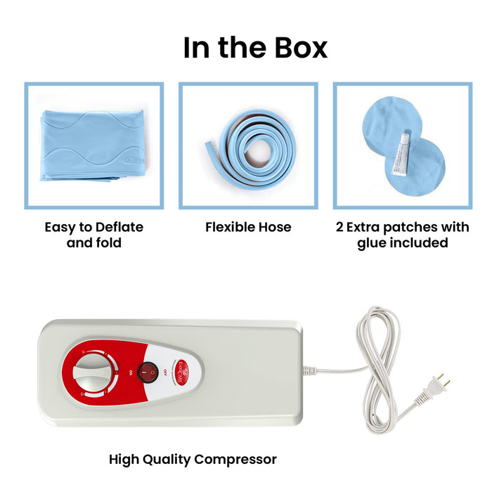 A display of the items included in the medical air mattress box, showing the high-quality compressor, a flexible hose, and a repair kit with two extra patches and glue.