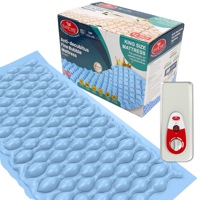 A king-size blue bubble mattress designed for medical use, shown with its packaging and an air pump.