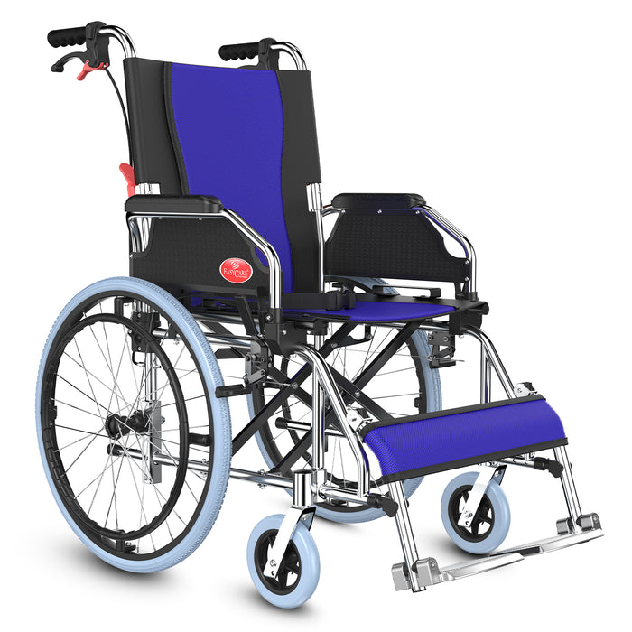 A foldable aluminium wheelchair with black and blue colors, featuring 20-inch rear wheels, locking hand brakes, and adjustable armrests.