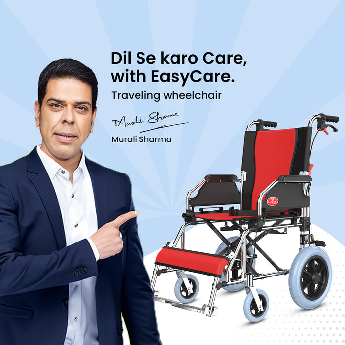 EASYCARE Portable Aluminum Wheelchair with Locking Hand Brakes, 12” Rear Wheels, Foldable Backrest, Capacity upto 120 Kg
