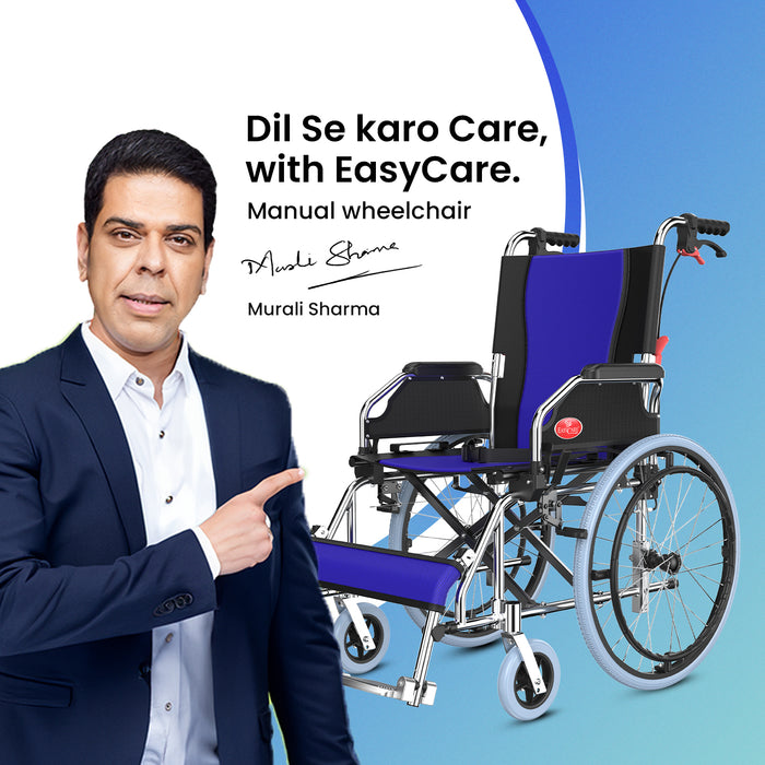 An advertisement for an Easycare manual wheelchair, featuring celebrity Murali Sharma pointing to the product and promoting the slogan, "Dil Se karo Care, with EasyCare."