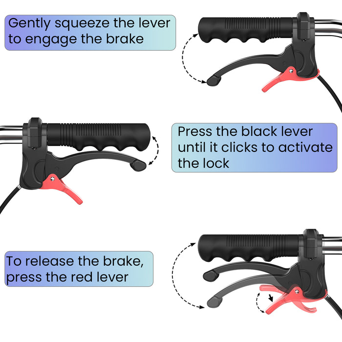 An instructional infographic demonstrating how to use a wheelchair's hand brake system, showing the steps to engage, lock, and release the brake for safety and control
