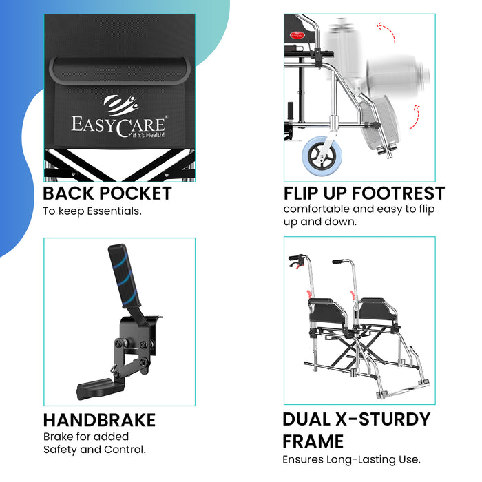 An infographic detailing a wheelchair's features, including a back pocket for essentials, a flip-up footrest, a handbrake for safety, and a long-lasting dual X-sturdy frame.