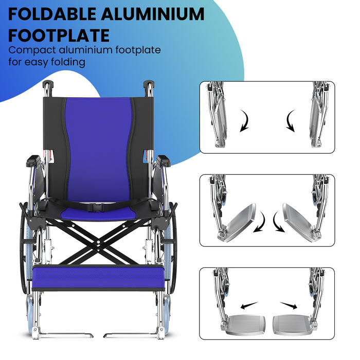 An infographic demonstrating the folding process of a wheelchair's foldable aluminum footplate, emphasizing its compact design for easy storage.