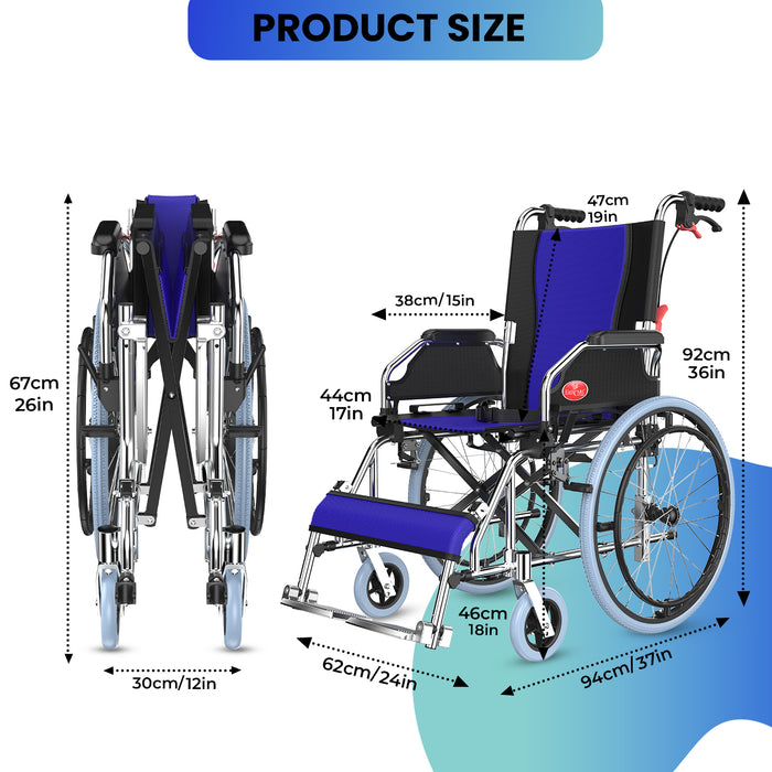 An infographic detailing the product size of a wheelchair, with dimensions shown for both its open position and its compact folded state.