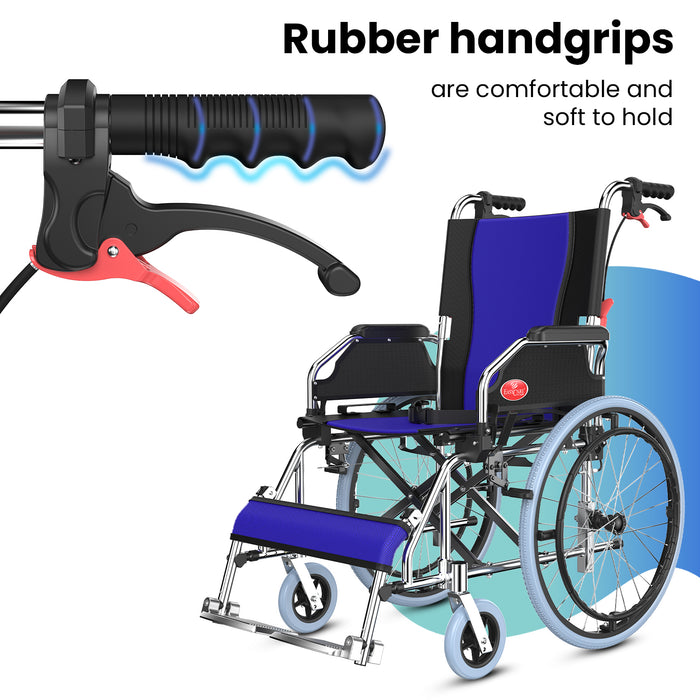 A close-up of a wheelchair's comfortable rubber handgrips and brake levers, highlighting the ergonomic design for ease of use and a secure hold.