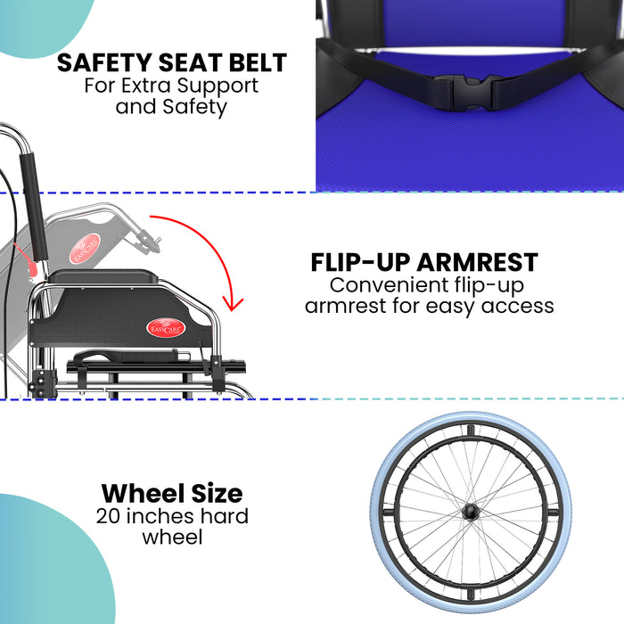n infographic highlighting a wheelchair's key features, including a safety seat belt for extra support, a convenient flip-up armrest, and a 20-inch hard wheel.