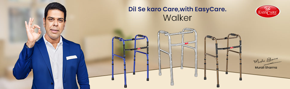 Advertisement for EasyCare walkers with a man in a blue suit and walkers on a beige background.