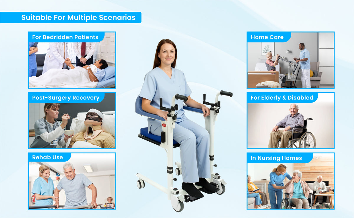 Person using a patient transfer chair with images of scenarios it can be used for on a blue background.